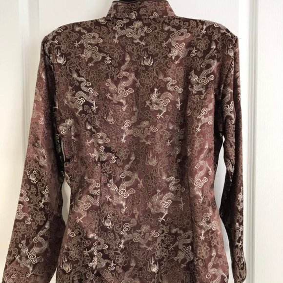 Brown Satin Cheongsam Blouse QiPao Tang Shirt Top with Gold Dragon Design - Picture 2 of 4